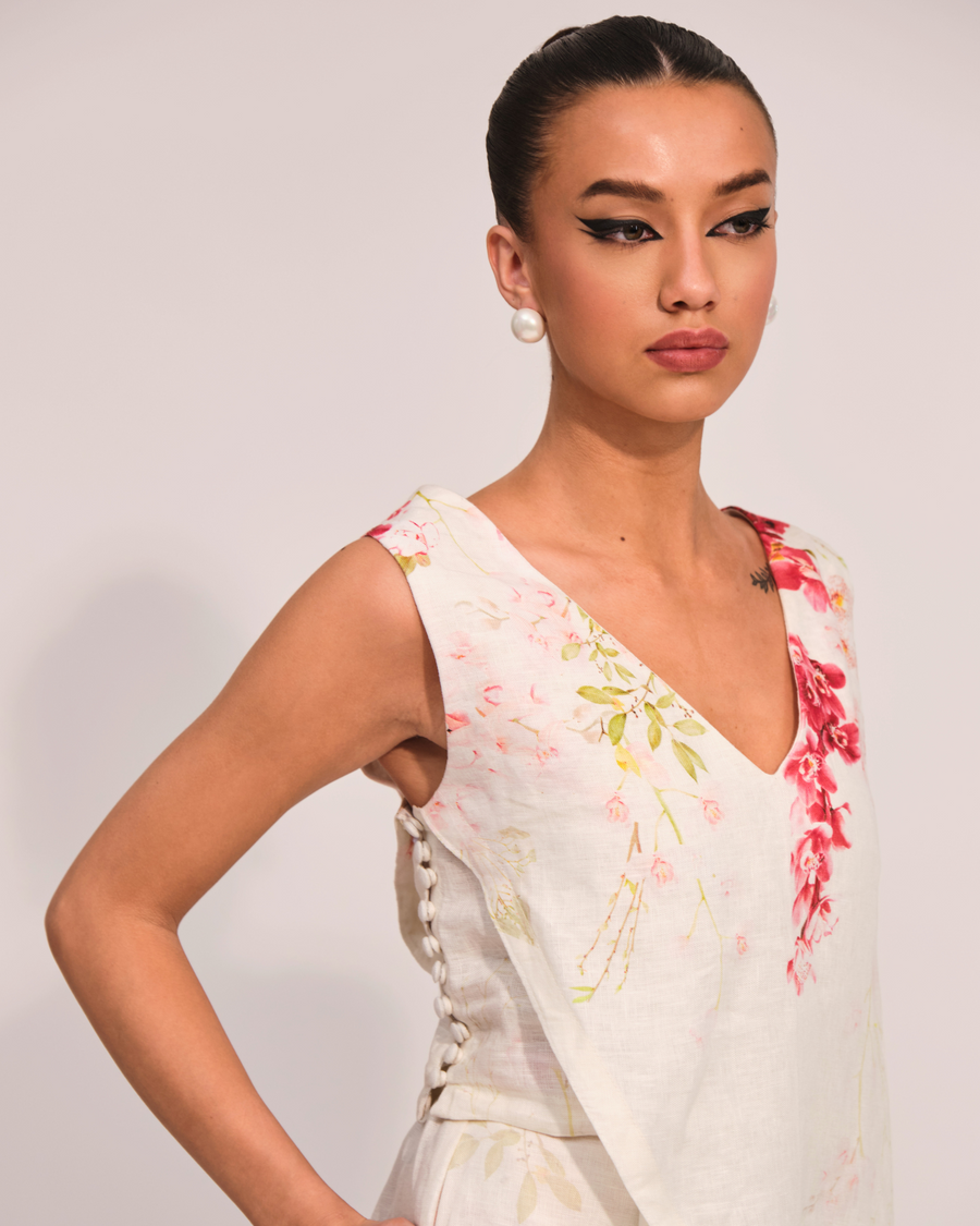 Ivory Bloom Asymmetric Top & Pants Set