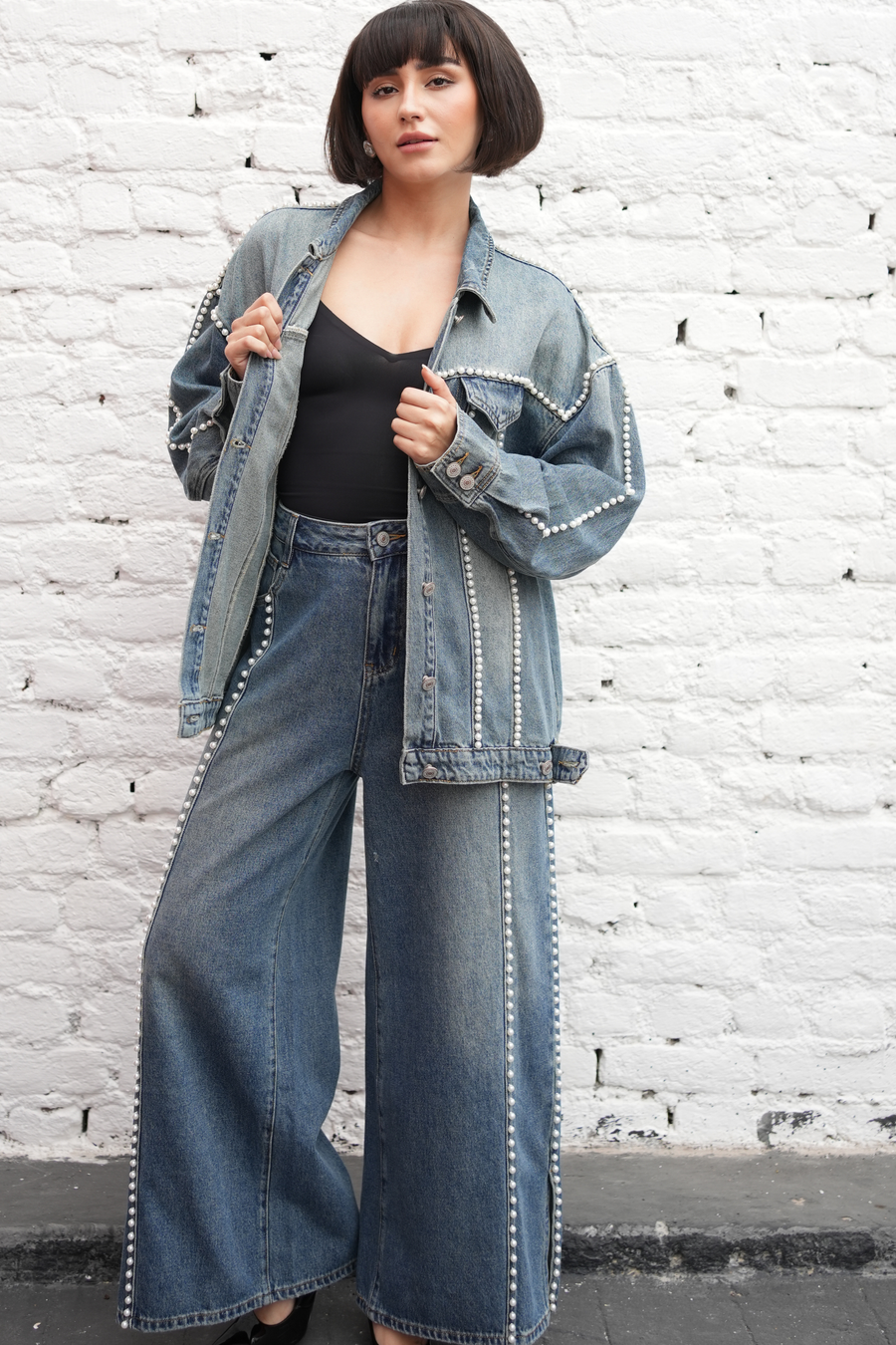 Pearl-Trim  Wide-Leg Denim