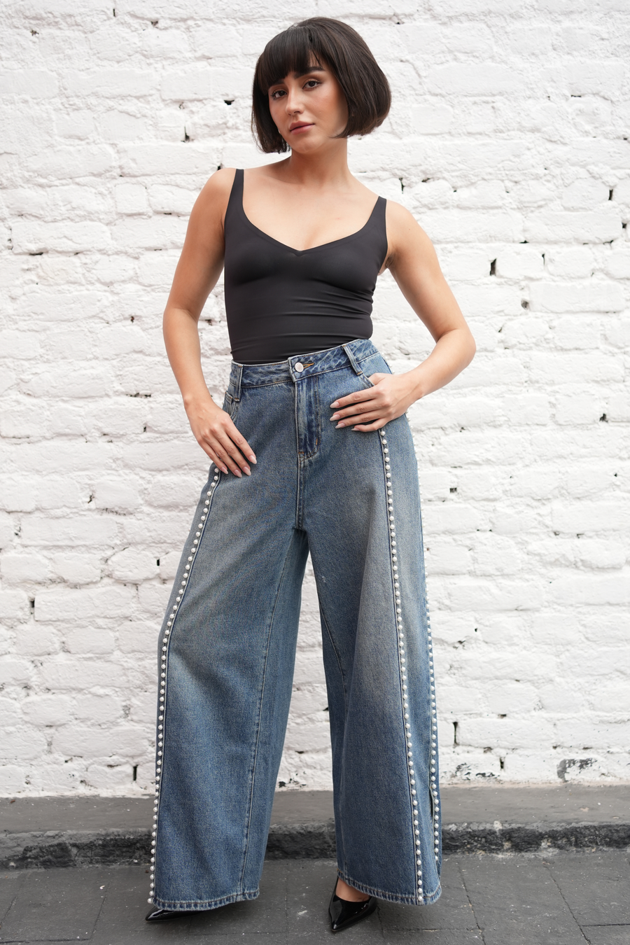 Pearl-Trim  Wide-Leg Denim