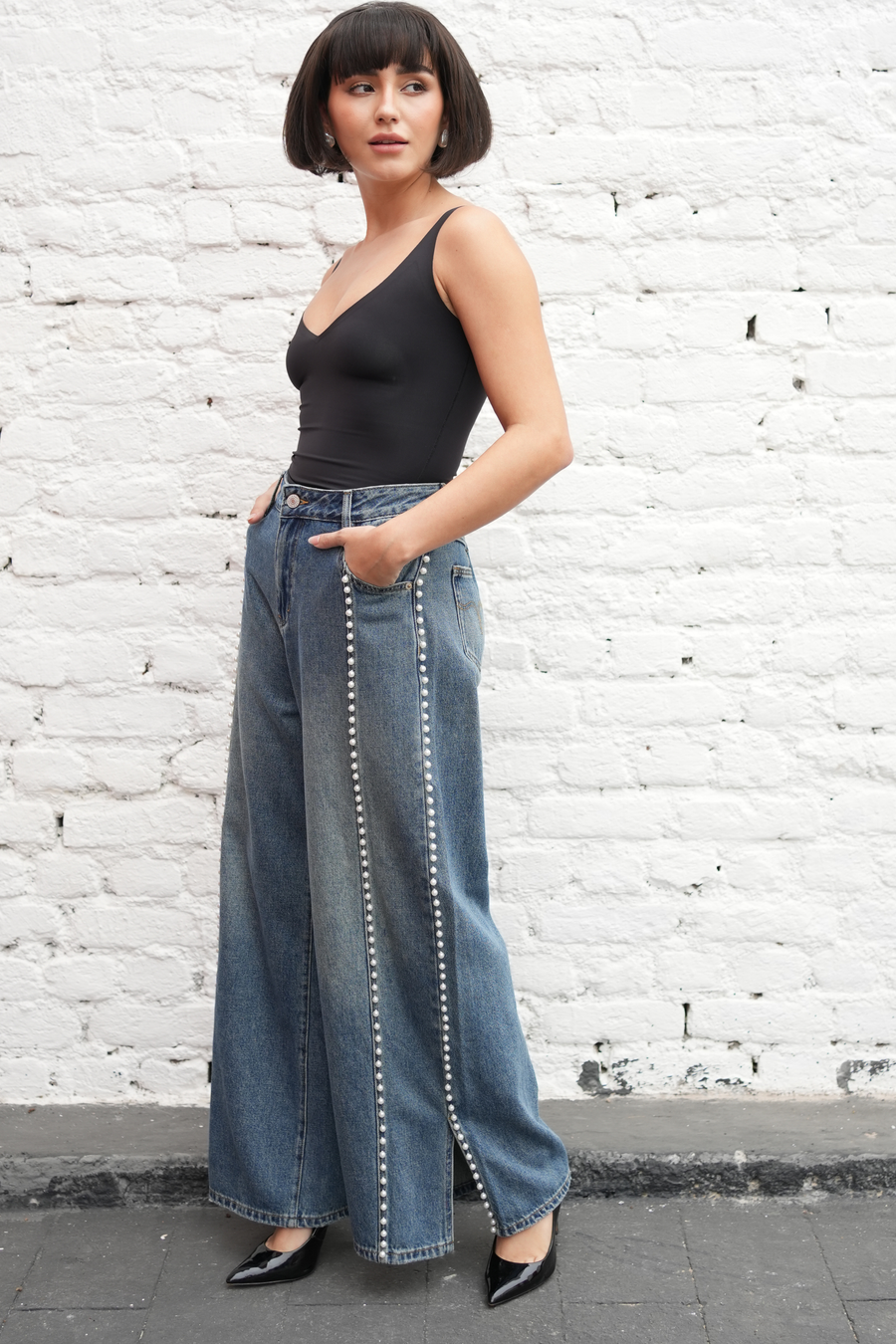 Pearl-Trim  Wide-Leg Denim