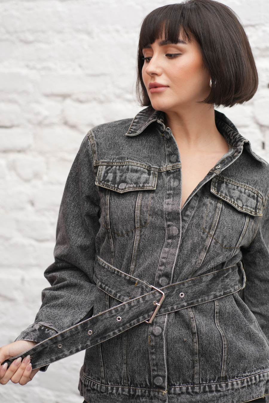 Charcoal Belted Denim Jacket