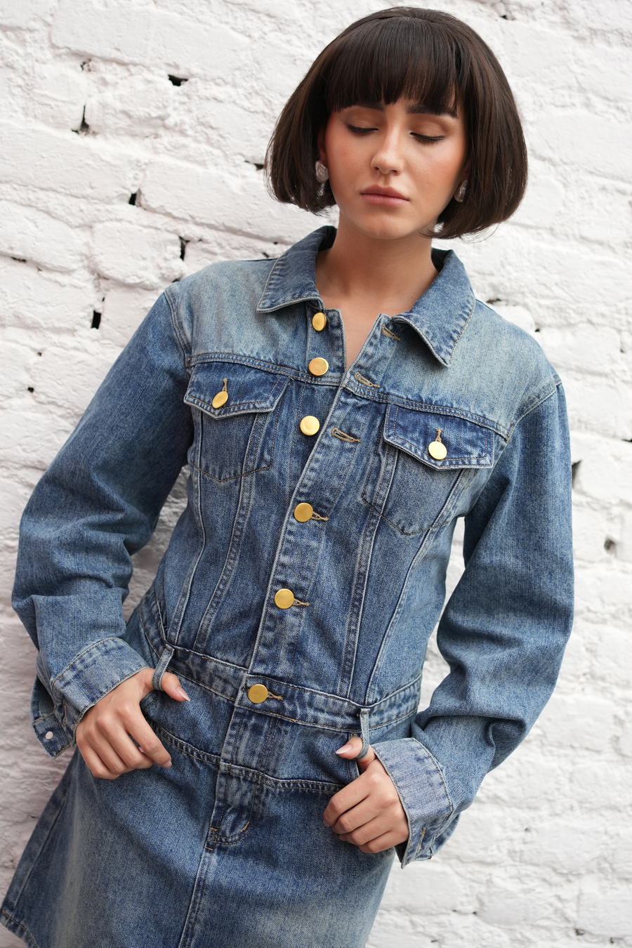 Vintage Gold-Button Denim Dress