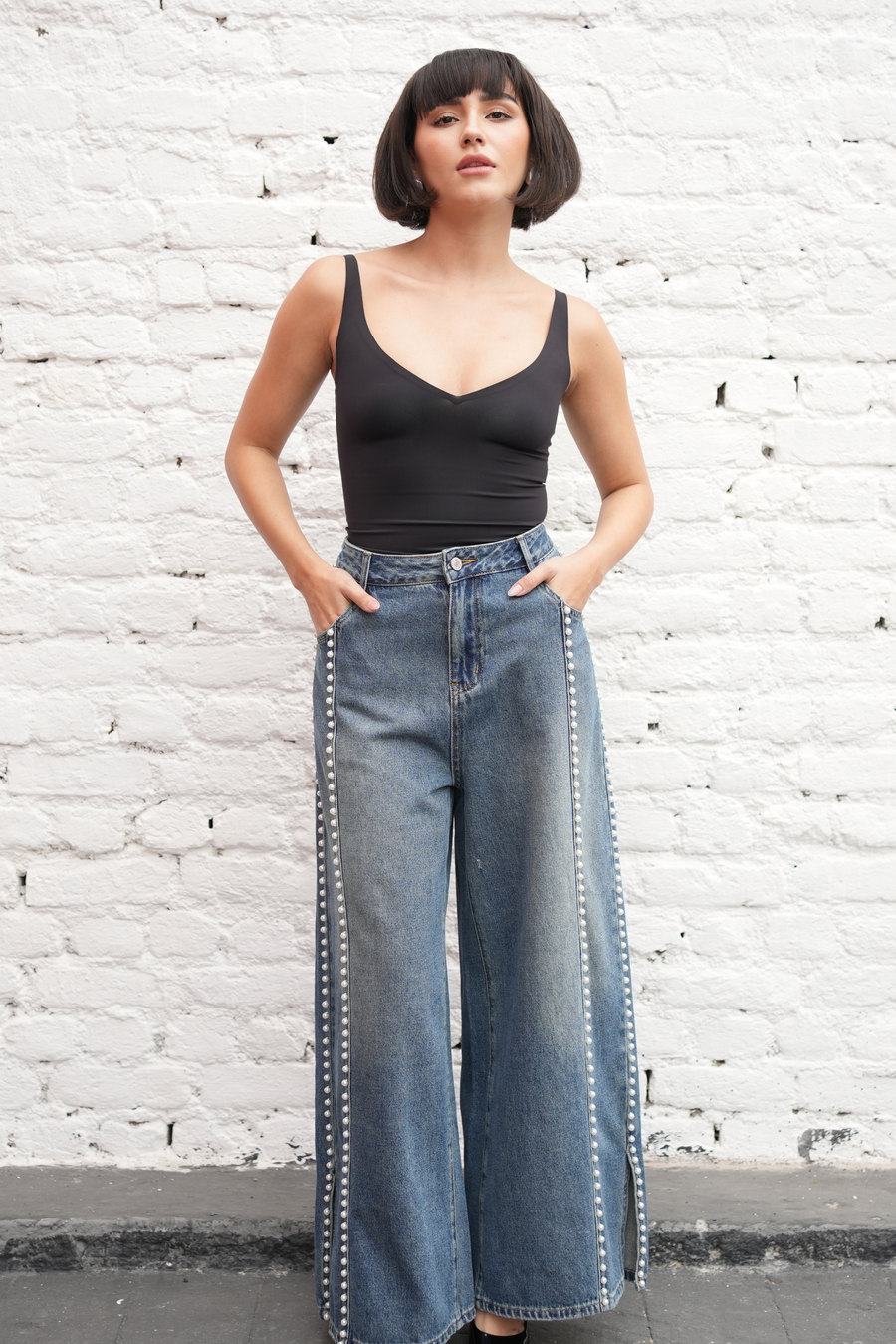 Pearl-Trim  Wide-Leg Denim
