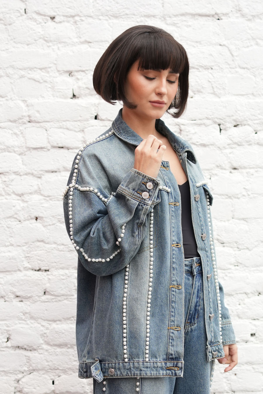 Pearl-Trim Denim Jacket