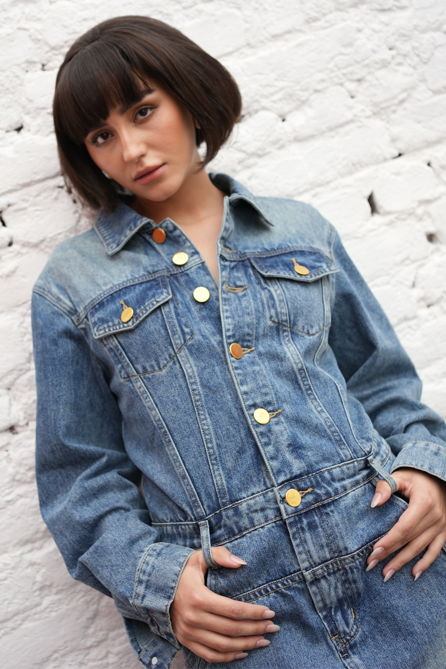 Vintage Gold-Button Denim Dress