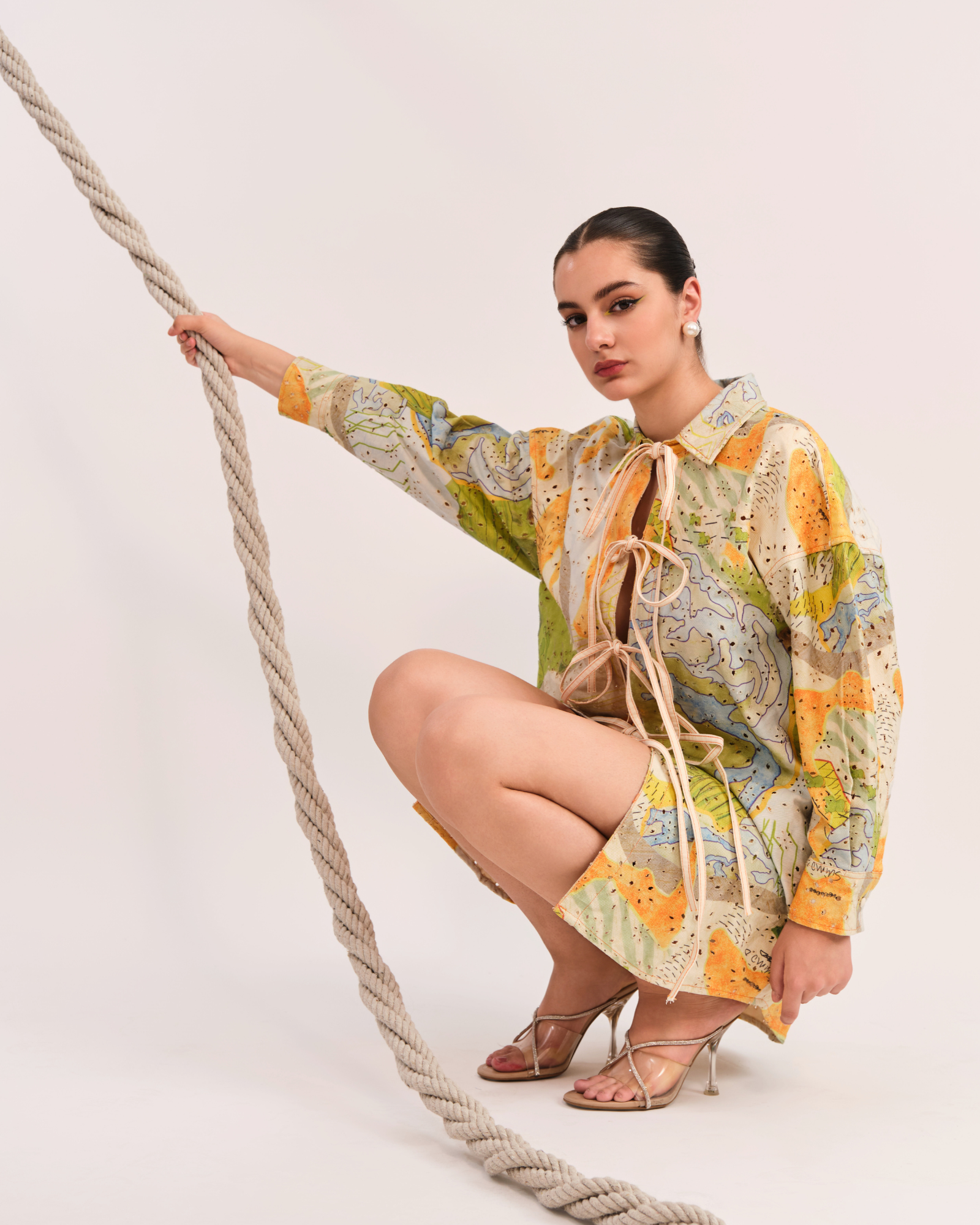 LIN PRINTED COTTON TWILL SHIRT DRESS WITH SHORT