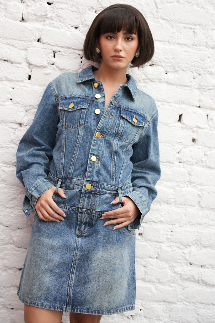 Vintage Gold-Button Denim Dress