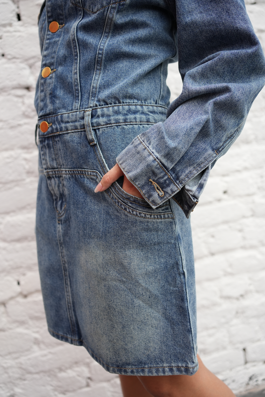Vintage Gold-Button Denim Dress