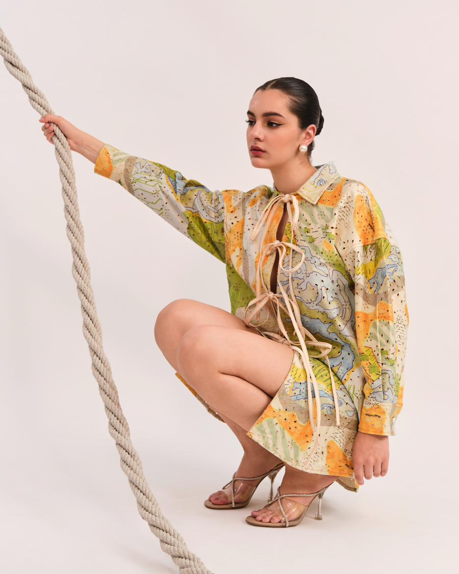 LIN PRINTED COTTON TWILL SHIRT DRESS WITH SHORT