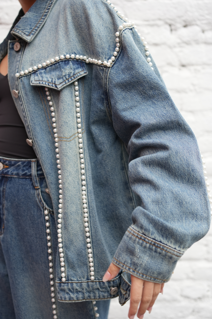 Pearl-Trim Denim Jacket