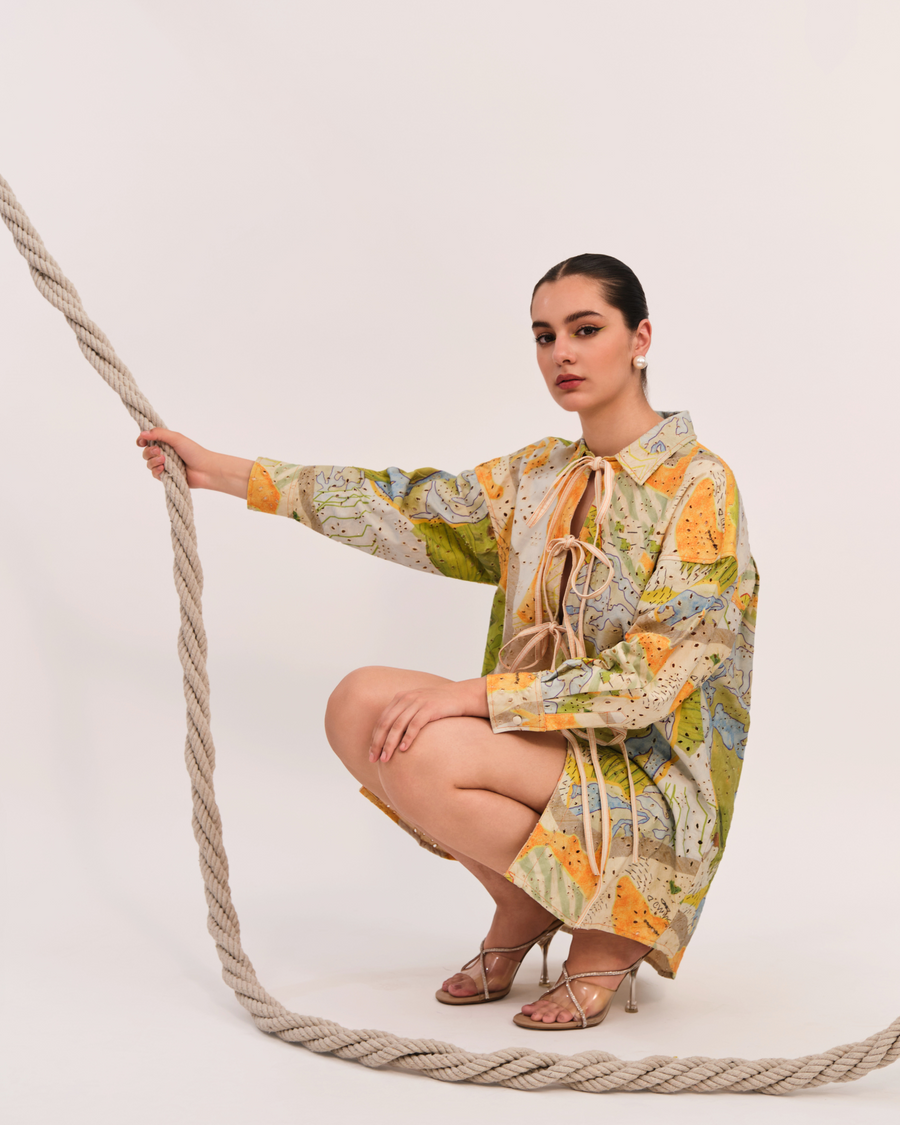 LIN PRINTED COTTON TWILL SHIRT DRESS WITH SHORT