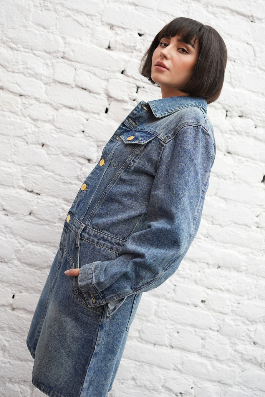 Vintage Gold-Button Denim Dress