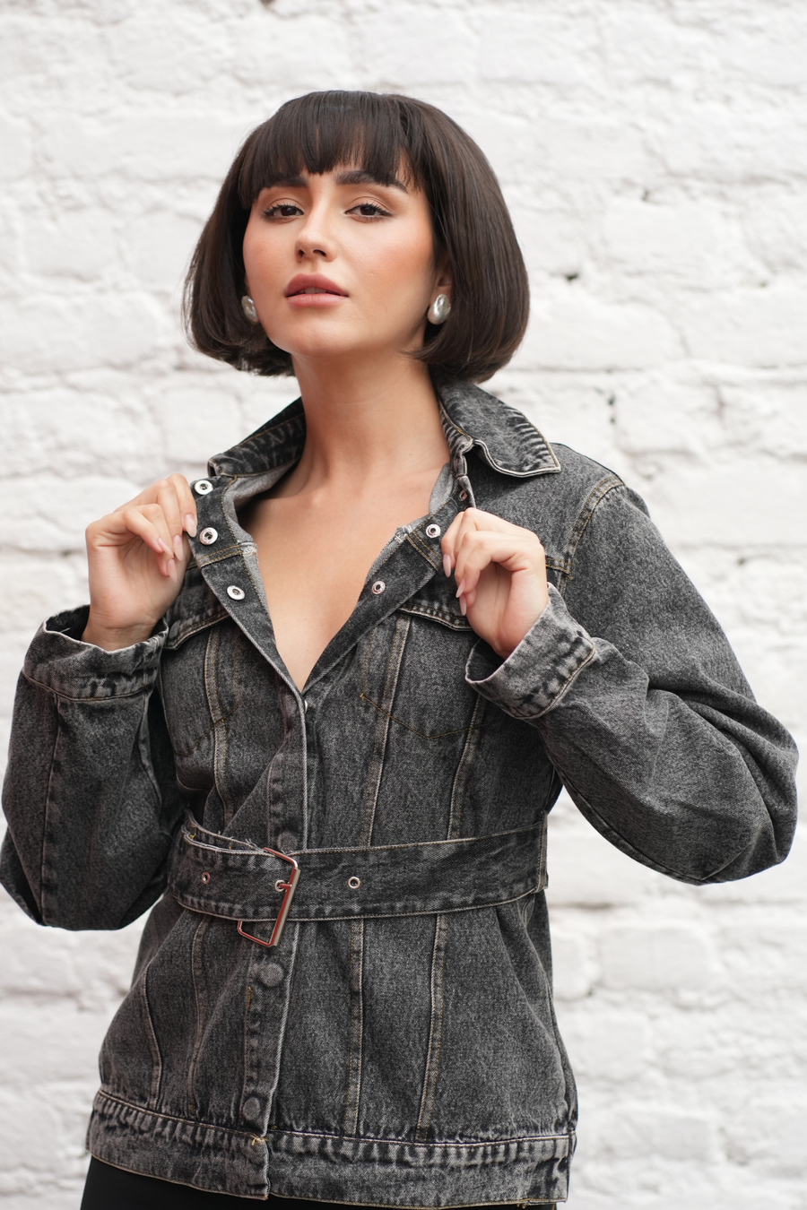 Charcoal Belted Denim Jacket