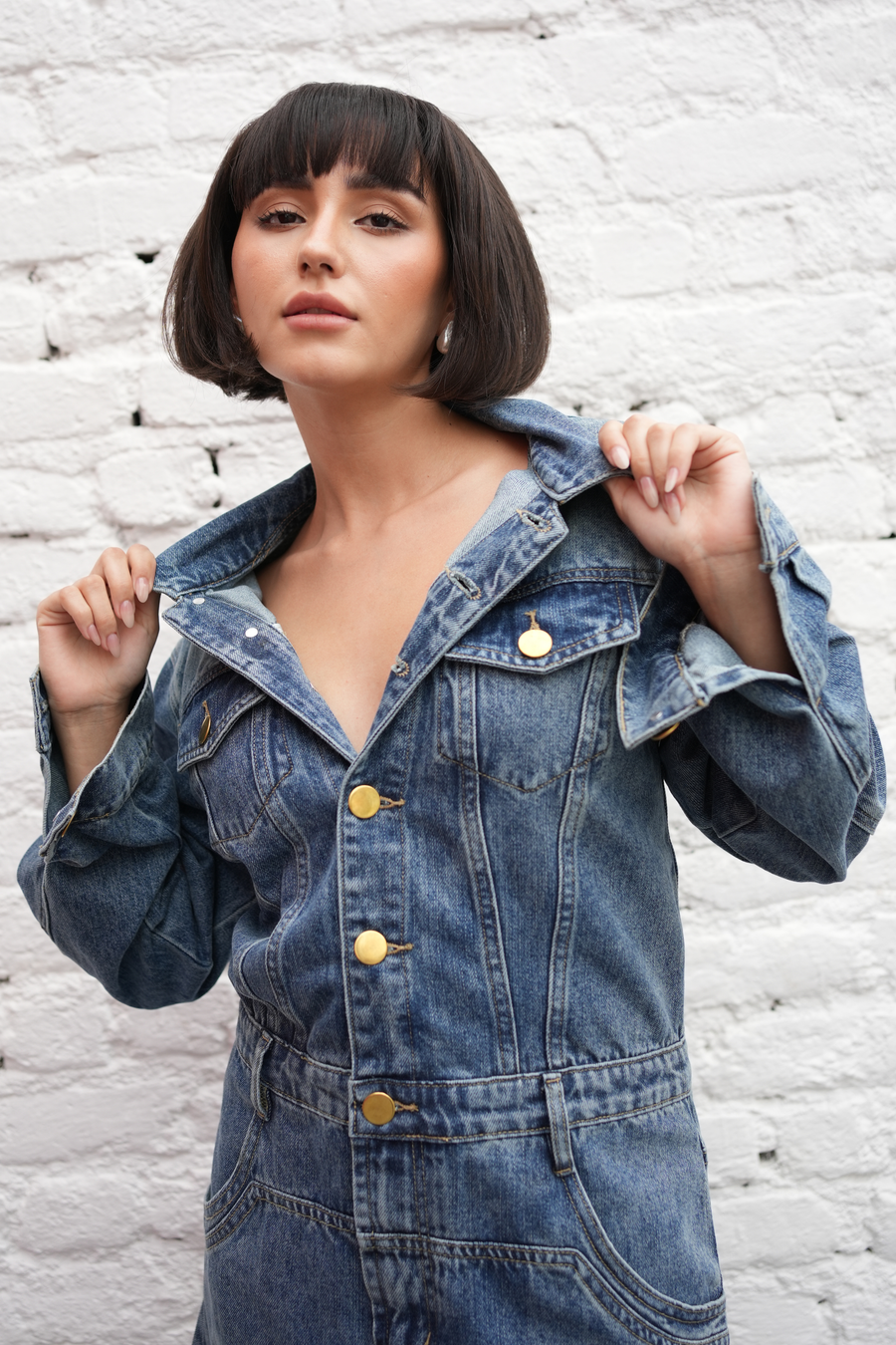 Vintage Gold-Button Denim Dress