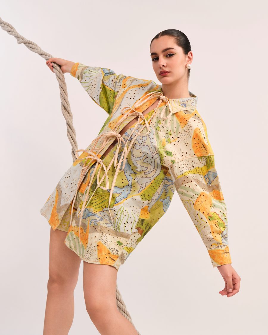LIN PRINTED COTTON TWILL SHIRT DRESS WITH SHORT