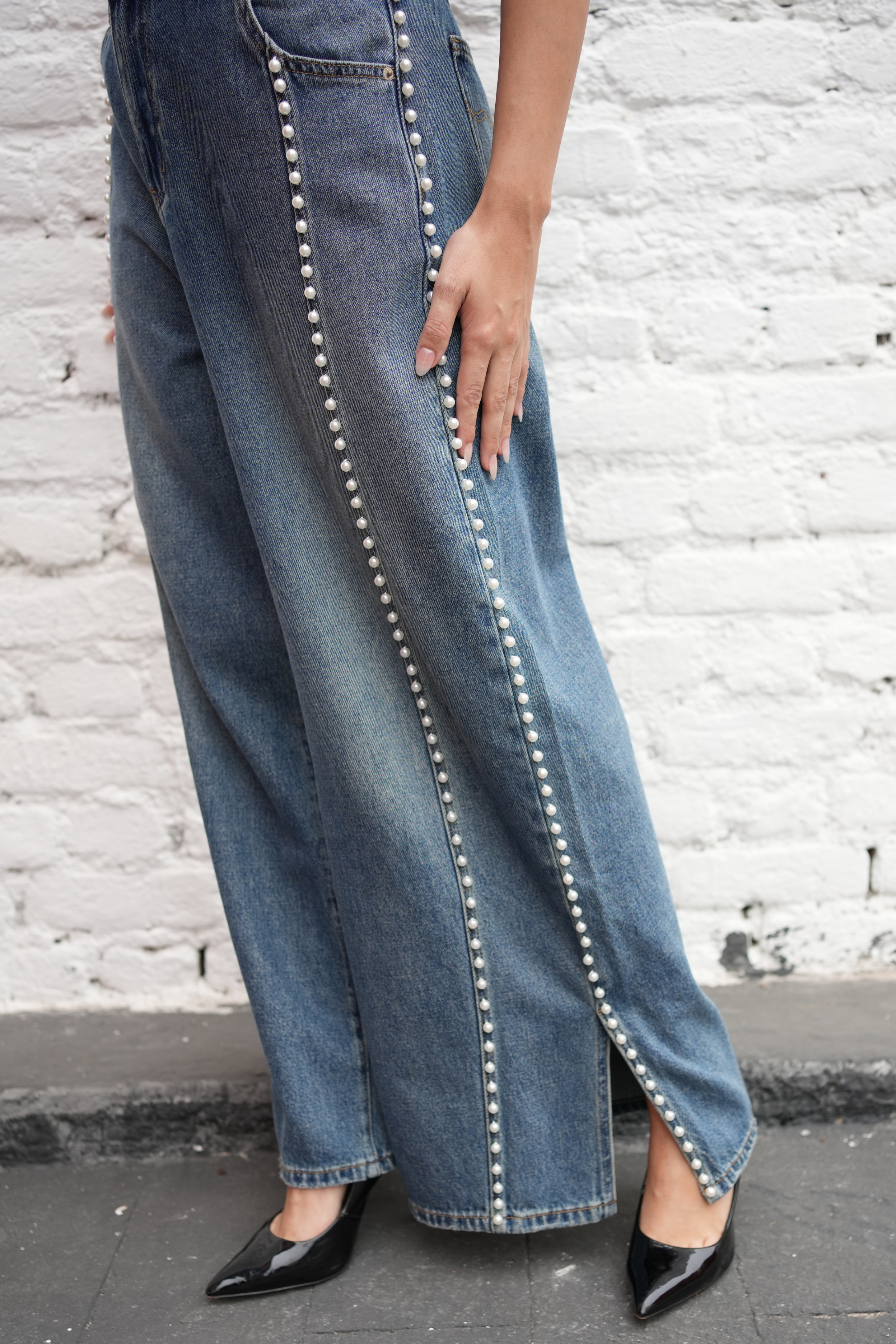 Pearl-Trim  Wide-Leg Denim