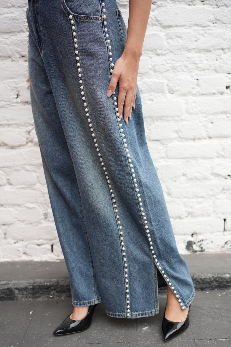 Pearl-Trim  Wide-Leg Denim