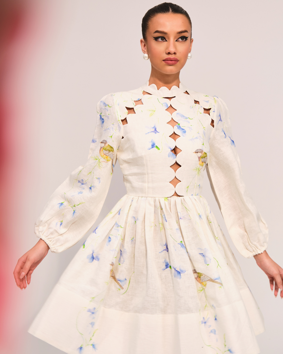 Birdsong Scallop-Cut Linen Dress