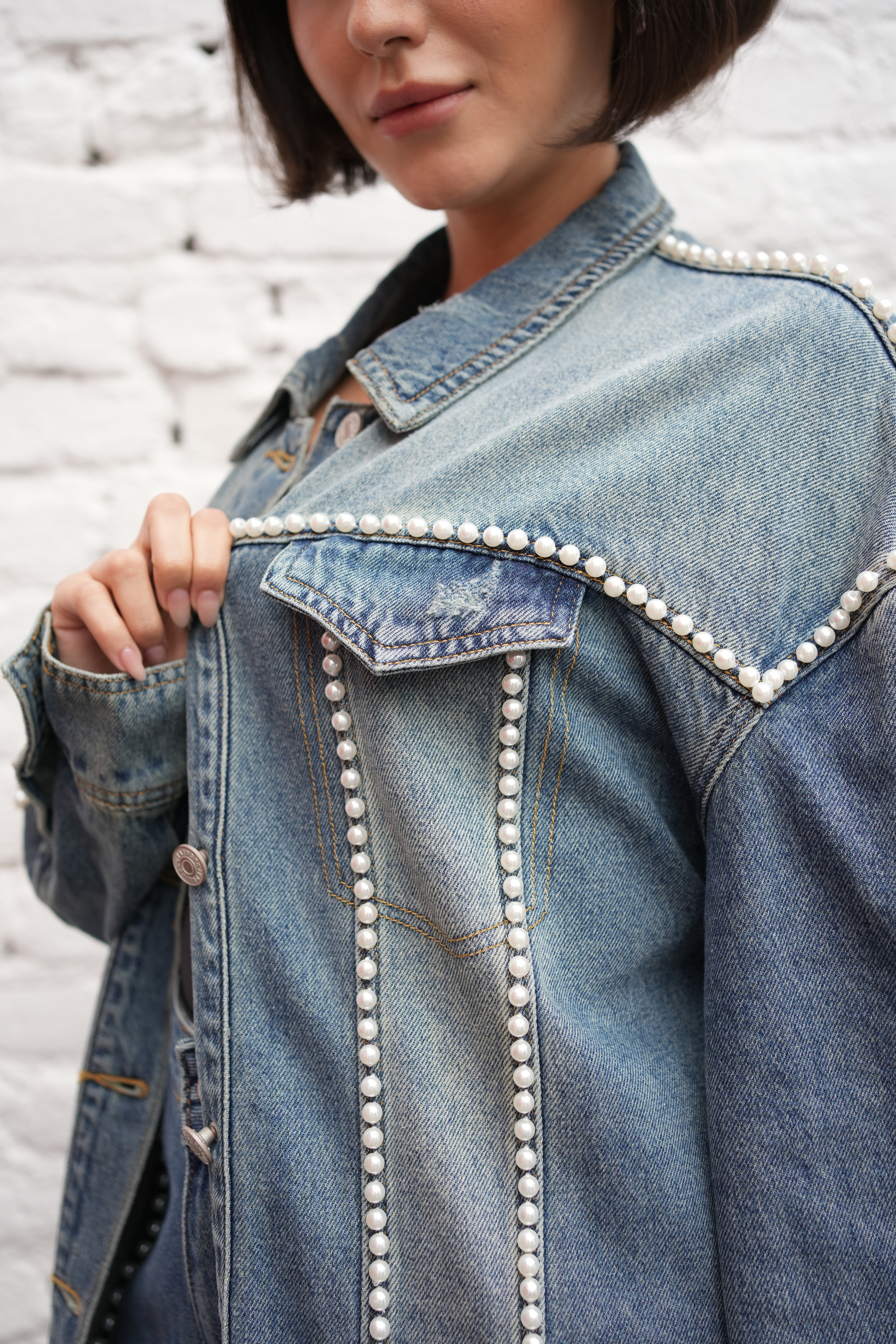 Pearl-Trim Denim Jacket