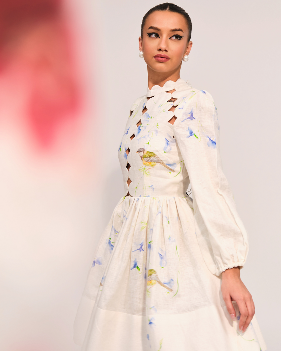 Birdsong Scallop-Cut Linen Dress