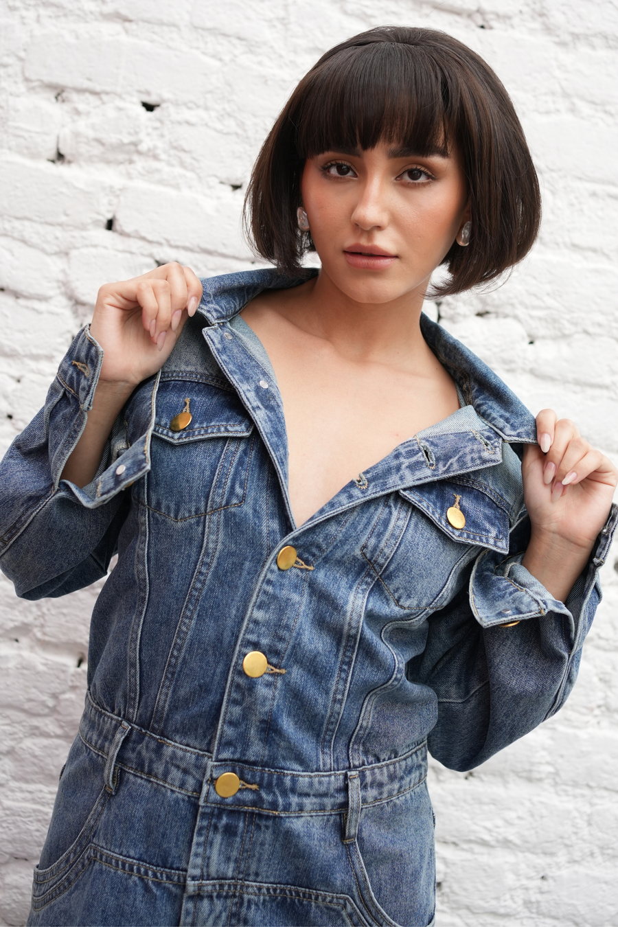 Vintage Gold-Button Denim Dress