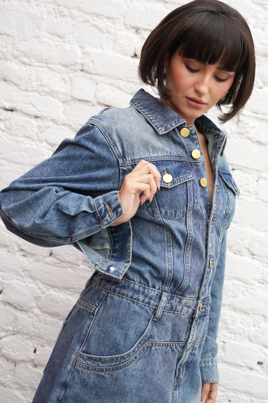 Vintage Gold-Button Denim Dress