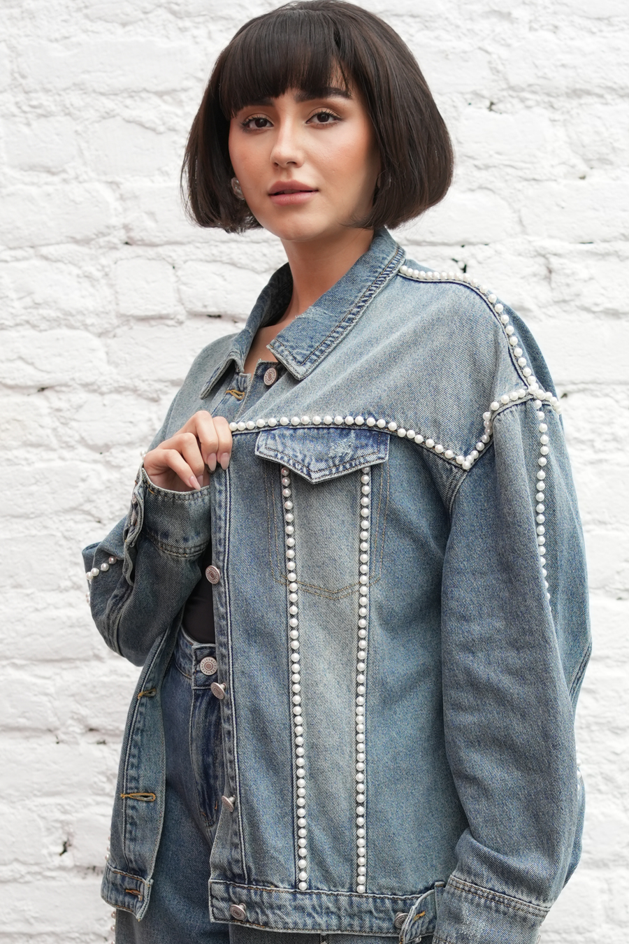 Pearl-Trim Denim Jacket